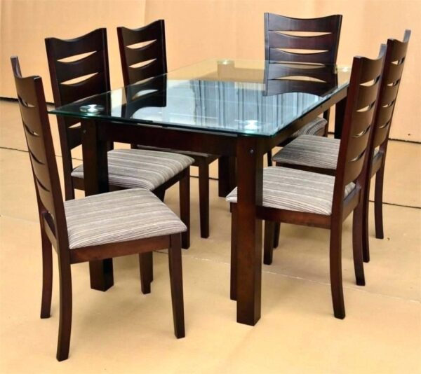 WOODZ DINING TABLE SET - 6 CHAIRS - KEEKAR WOOD - HORIZONTAL LINES- GLASS TOP - Image 1