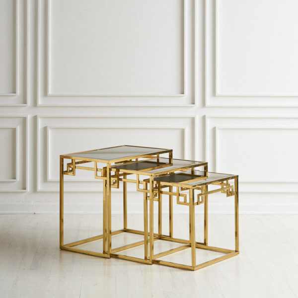 BRASS LOOK AND ROSE GOLD ITALIAN MIRRORED GLASS NESTING TABLES - Image 1