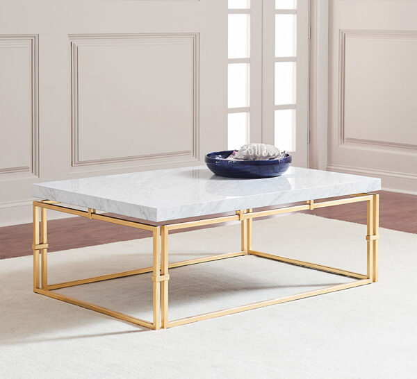 Marble Top Coffee Table With Brass look Base Rectangular Chunky White Marble Slab - Image 1